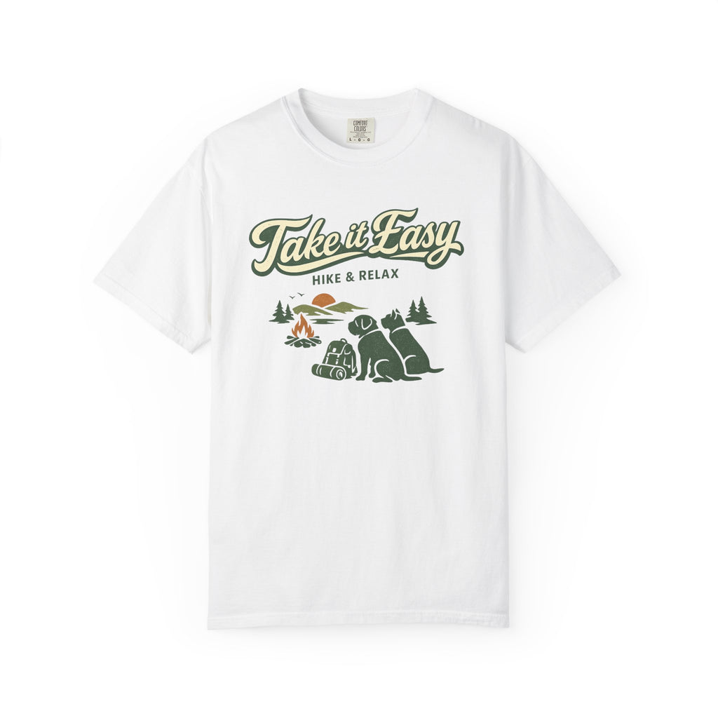 White t-shirt with 'Take it Easy Hike & Relax' graphic design on a white background