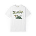 White t-shirt with 'Take it Easy Hike & Relax' graphic design on a white background