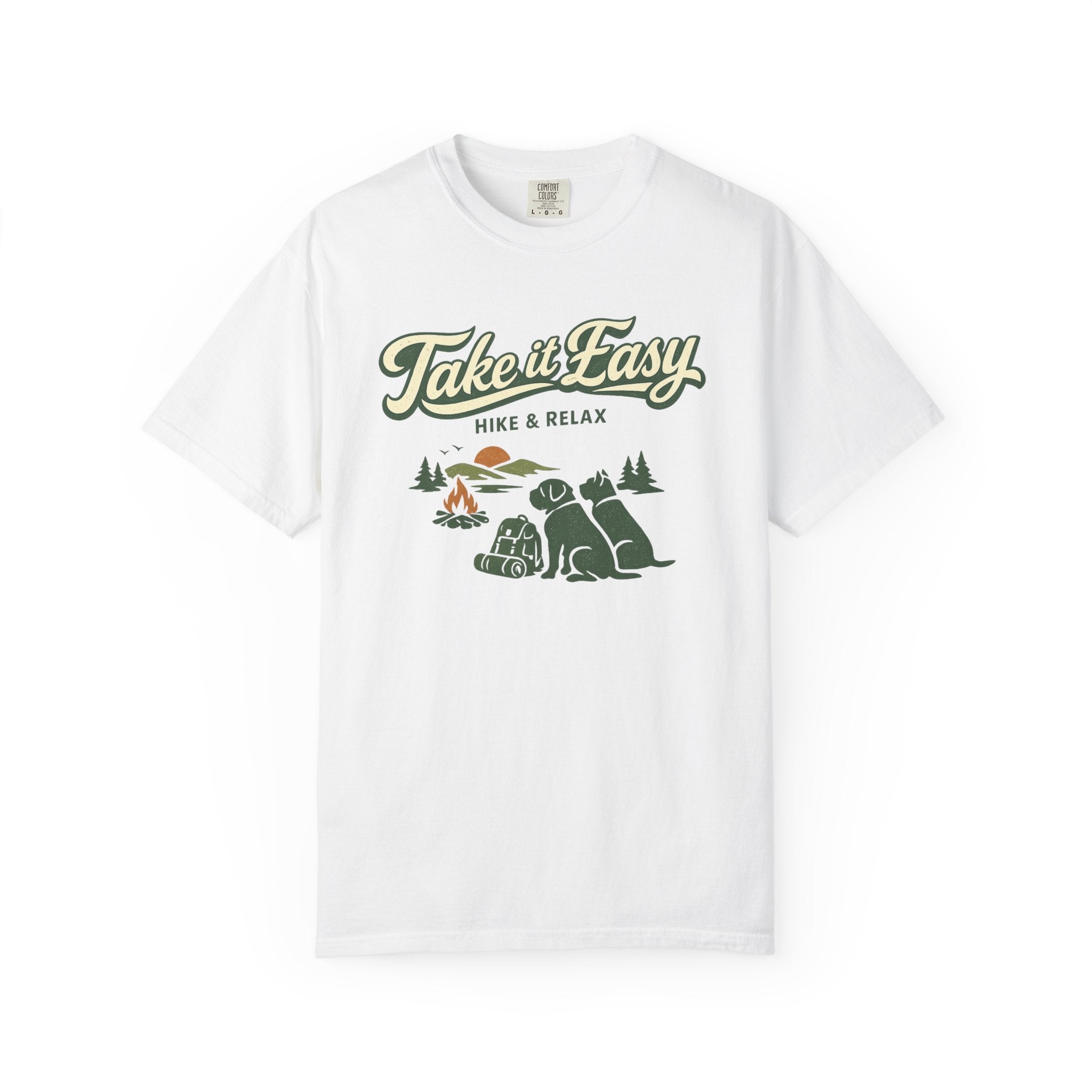 White t-shirt with 'Take it Easy Hike & Relax' graphic design on a white background