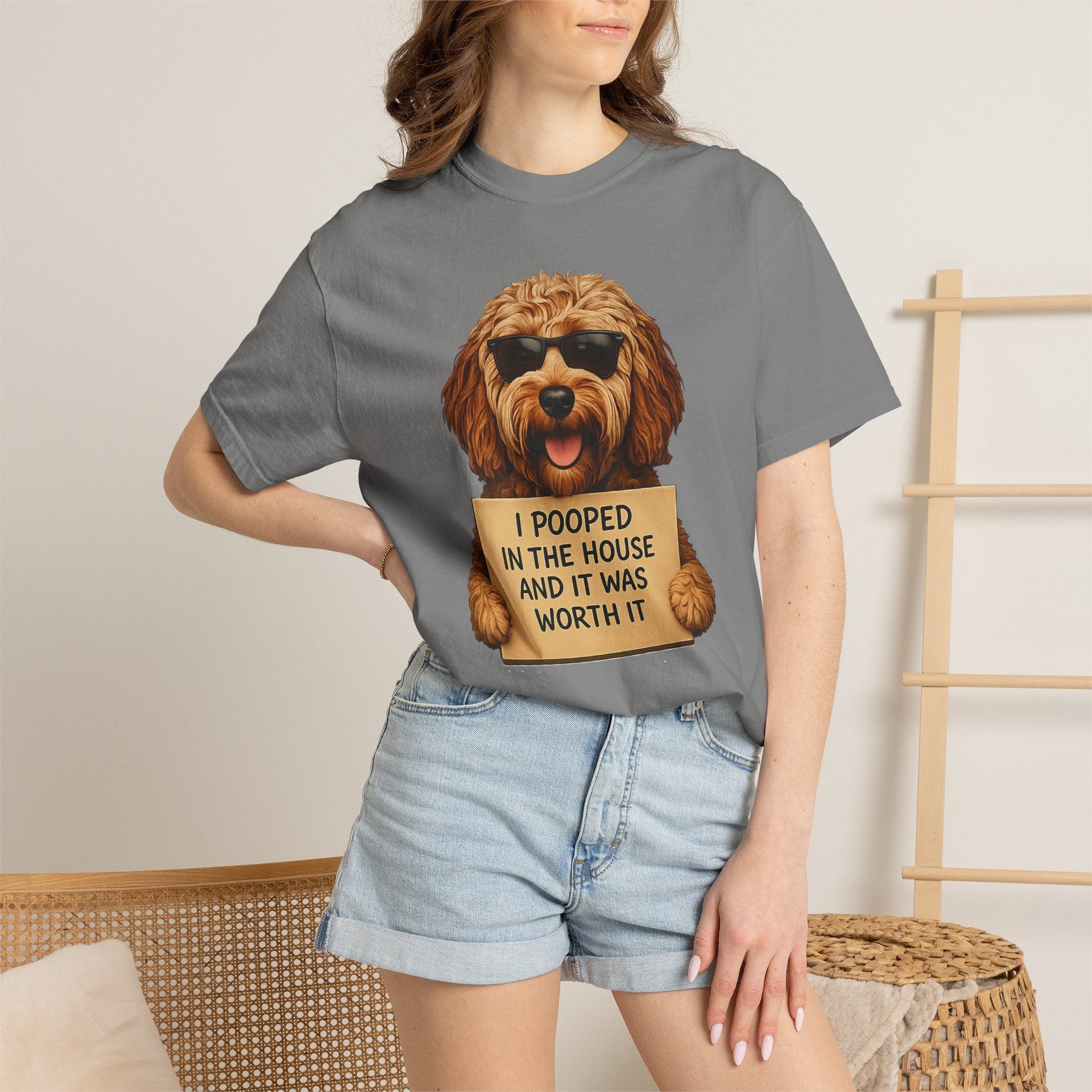 Dog Humor T-Shirt — "I Pooped in the House and It Was Worth It" Funny Graphic Tee