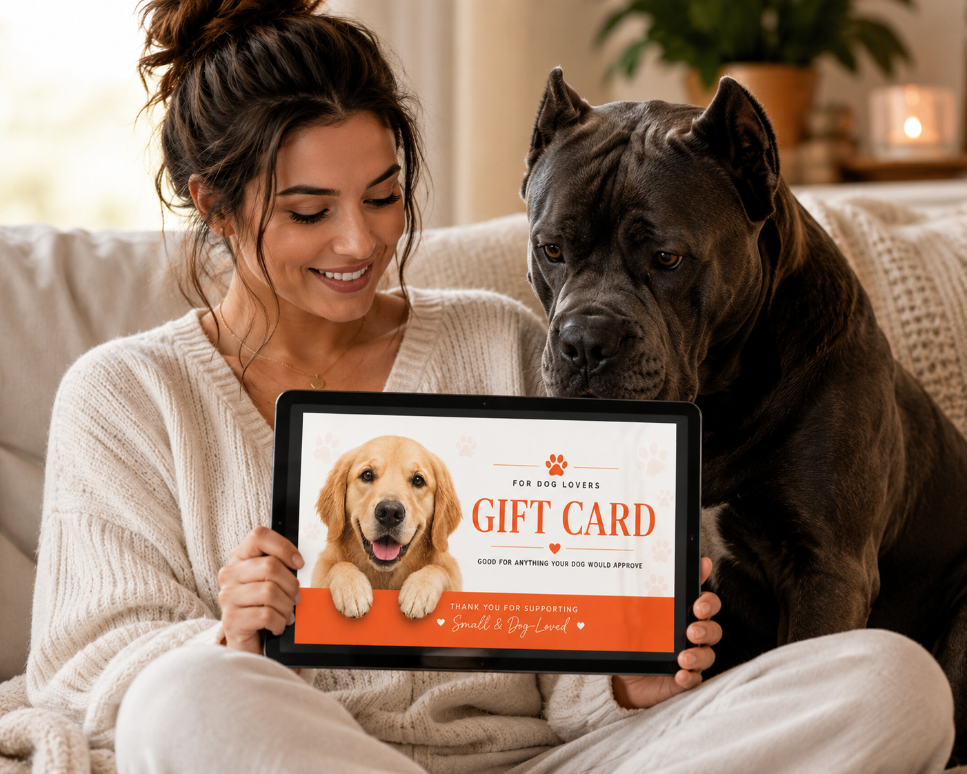 Woman holding a gift card for a dog lover with a dog sitting next to her on a couch.
