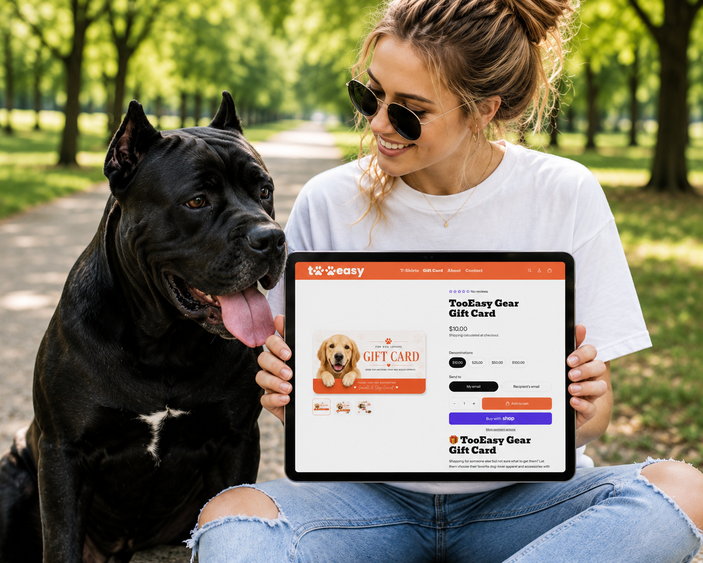 Woman holding a tablet with a gift card on a park background